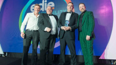 (L-R): Presenter Giraffe Innovation’s co-founder Rob
Holdway; Encore’s David Davis and Dave Barraclough; and
compere Rufus Hound